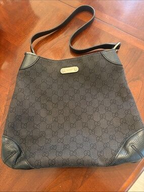 Gucci Black Monogram Shoulder Bag with Leather Trim